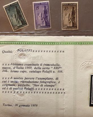 Italia 1949 E.R.P. Alto valore certificato Bolaffi