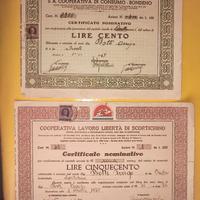 1946 Certificati Azioni £400 e £500 Coop. Bondeno