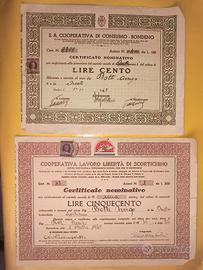 1946 Certificati Azioni £400 e £500 Coop. Bondeno