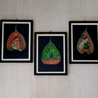 Set 3 quadri  realizzati su foglie peepal essicate