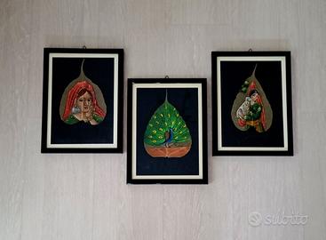 Set 3 quadri  realizzati su foglie peepal essicate