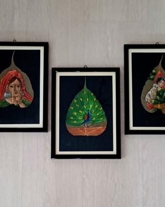 Set 3 quadri  realizzati su foglie peepal essicate