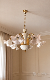 Lampadario in ceramica e vetro floreale, 6 luci