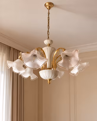 Lampadario in ceramica e vetro floreale, 6 luci