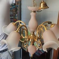 Lampadario a 6 luci in ottone e vetro -Stile retrò