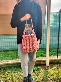 Borsa Velluto Rosa fatta a mano in maglia grossa