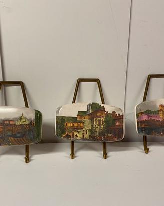 Set 3 Appendiabiti vintage in ceramica e ottone