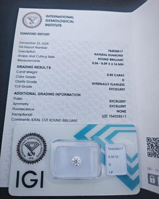 Diamante naturale IGI ct 0,5 D IF 3EX