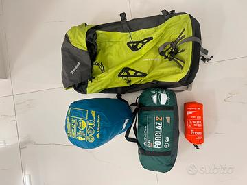 Zaino trekking 55L + tenda 2 posti e sacco a pelo