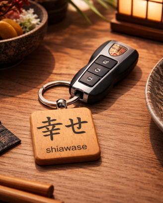 Portachiavi giapponese in legno "felicità"