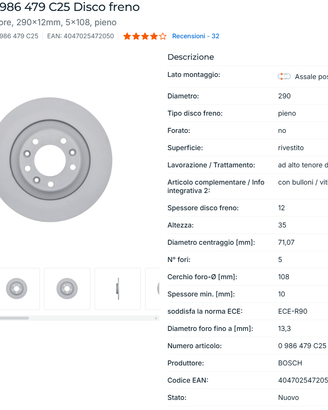 BOSCH 0 986 479 C25 Disco freno assale posteriore