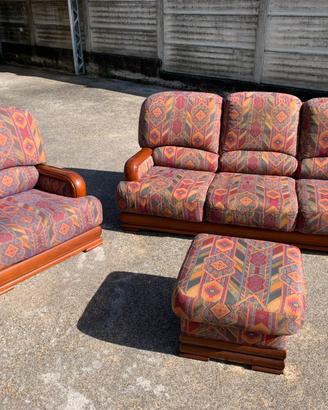 Set Divano Poltrona e Puff legno massello tessuto