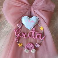 fiocco nascita in tulle con nome  in tricotin 