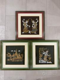Set 3 Quadri Etnici Thai Ricami su Seta 40x40