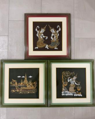 Set 3 Quadri Etnici Thai Ricami su Seta 40x40