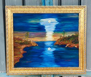 Quadro con luna sul mare dipinto a mano su tela.