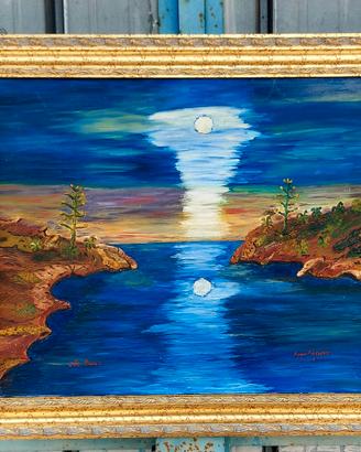 Quadro con luna sul mare dipinto a mano su tela.