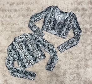 Set 2 Top Crop Pitonati Grigio/Nero Taglia S Nuovi