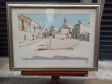 Litografia Aldo Riso com cornice argentata