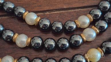 Collana Vintage in Agata Nera e Perle, Girocollo E