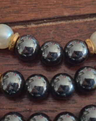 Collana Vintage in Agata Nera e Perle, Girocollo E