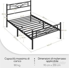 Letto Singolo in Ferro con Materasso 90 x 200 cm