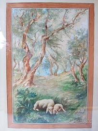 quadro acquerello scena agreste 1953