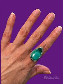 anello con Malachite naturale placcato argento 925