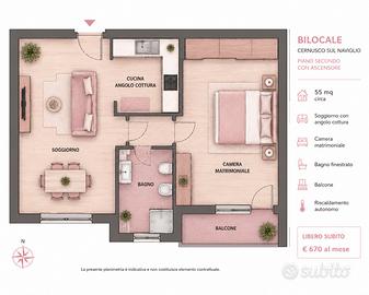 Bilocale con balcone e posto auto a Cernusco