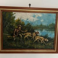 Olio su tela - scena di caccia con cani