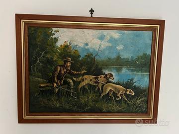 Olio su tela - scena di caccia con cani