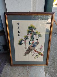 quadro di pavoni su albero in seta
