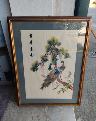 quadro di pavoni su albero in seta