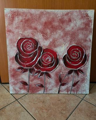 Quadro su tela 3 rose rosse con inserti brillantin