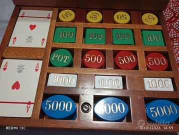 Cofanetto legno fish poker  con carte da gioco