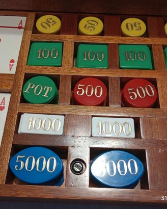 Cofanetto legno fish poker  con carte da gioco