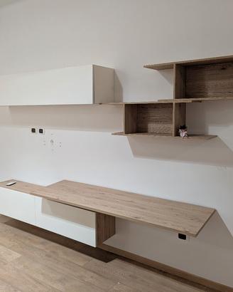 Parete attrezzata moderna bianco lucido e rovere 