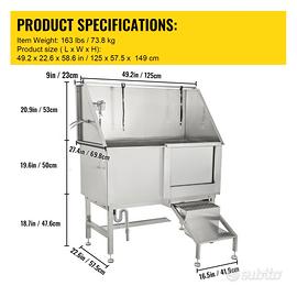 VEVOR VEVOR Vasca da Bagno per Cani, Vasca da Bagno per Animali Domestici  50 Pollici, in Acciaio Inossidabile, con Rubinetto Gradini e Accessori,  Stazione di Lavaggio per Cani Porta a Destra