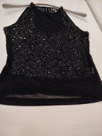 Top nero LIST con paillettes e trasparenze mesh 