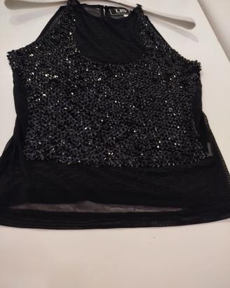 Top nero LIST con paillettes e trasparenze mesh 