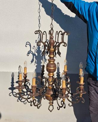 Lampadario antico in legno e metallo Anni 30