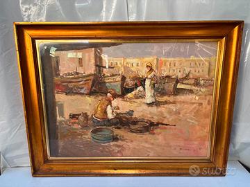Antonio Buonaiuto Porto marittimo olio su tela