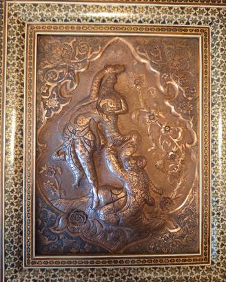 Incisione persiana Ghalamzani cornice Khatam-Kari