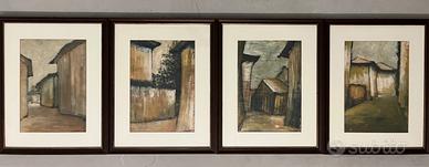 Set 4 dipinti tempera su carta giornale anni 80
