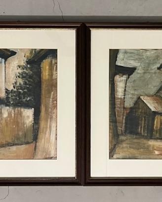 Set 4 dipinti tempera su carta giornale anni 80