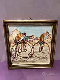 quadro con maiolica vintage ,bici d'epoca 
