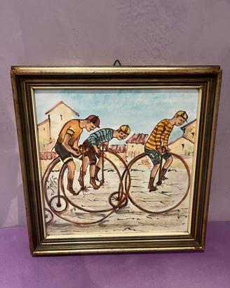 quadro con maiolica vintage ,bici d'epoca 