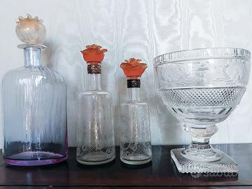 Set Vasi Vintage Bottiglie Vetro e Coppa Cristallo