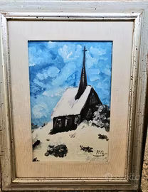 Quadro a Olio su Tela - Chiesetta nella Neve