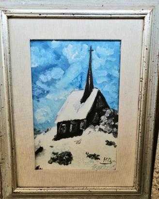 Quadro a Olio su Tela - Chiesetta nella Neve